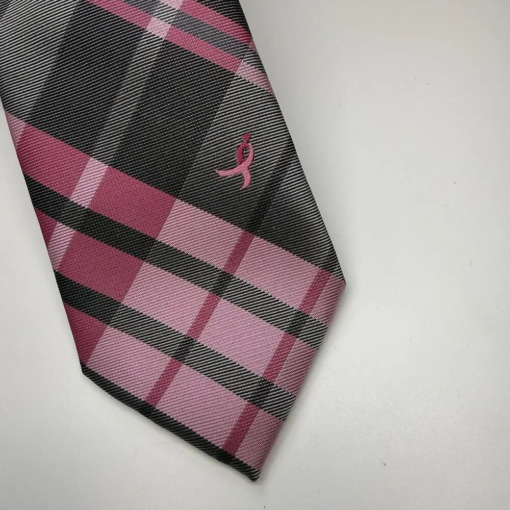 Knots For Hope Susan G Komen Breast Cancer Awareness Necktie Pink Gray Plaid